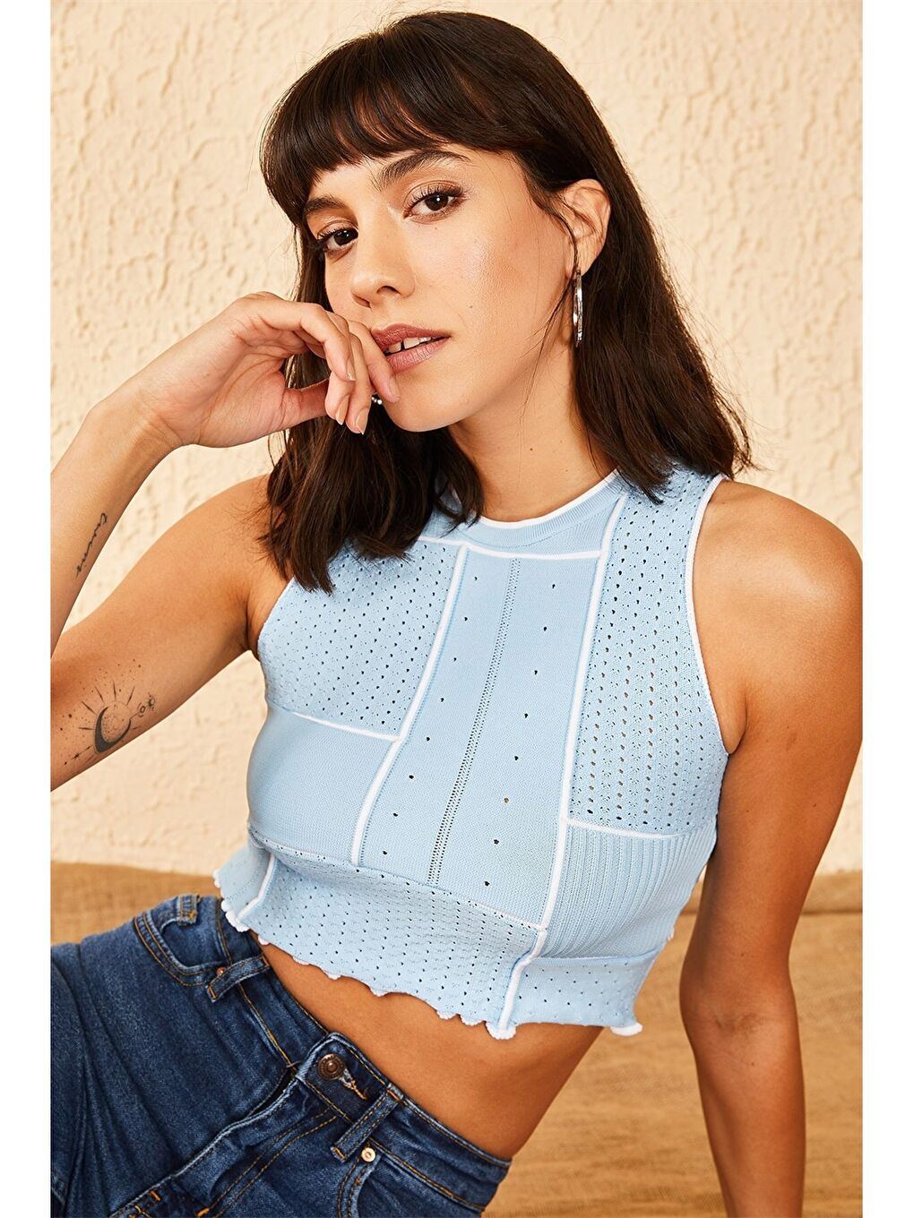 Mavi Bisiklet Yaka Kendinden Desenli Crop Kadın Bluz-1