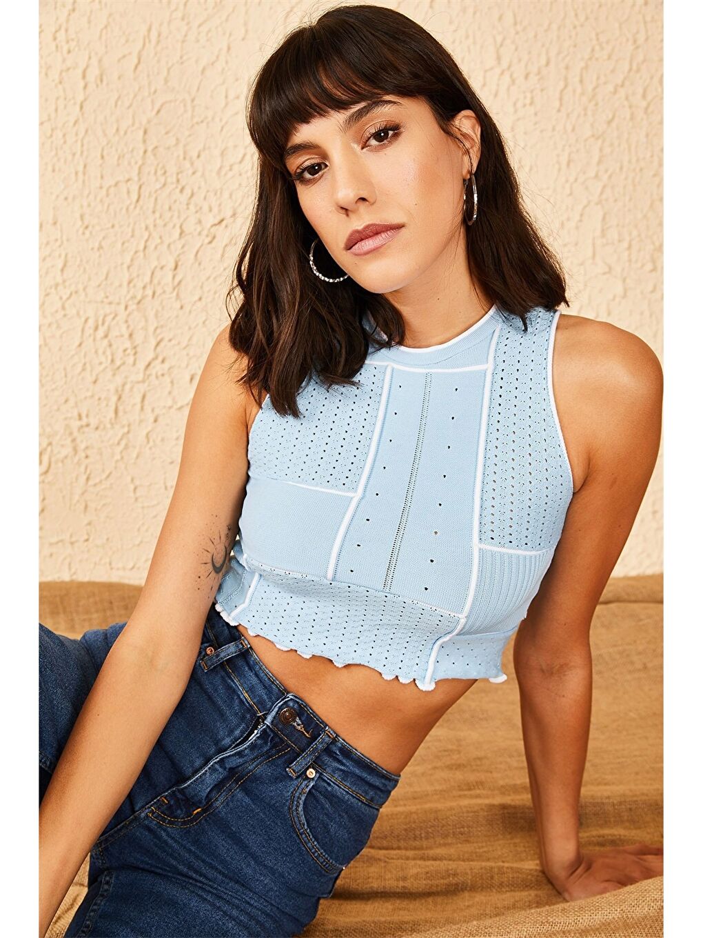 Mavi Bisiklet Yaka Kendinden Desenli Crop Kadın Bluz-2