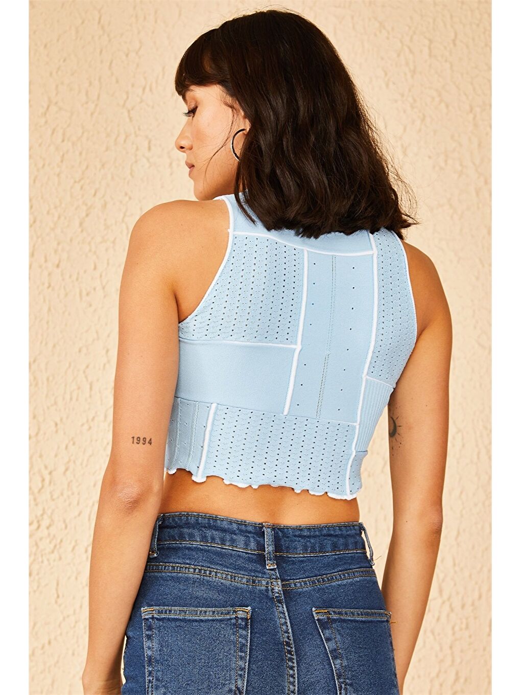 Mavi Bisiklet Yaka Kendinden Desenli Crop Kadın Bluz-3