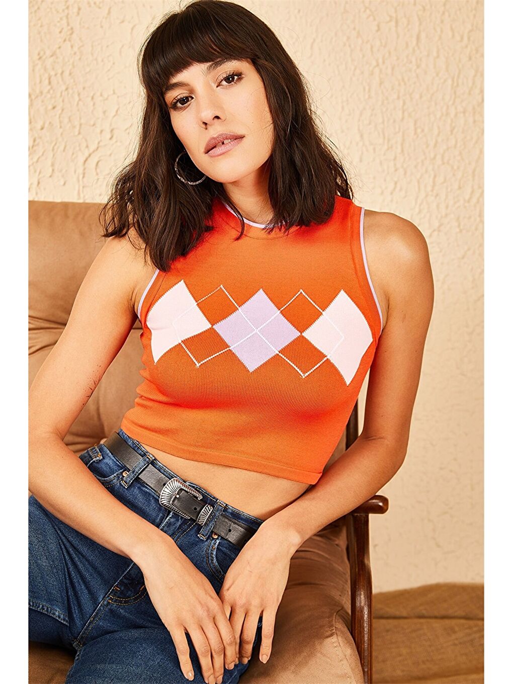 Turuncu Bisiklet Yaka Desenli Crop Triko Kadın Bluz