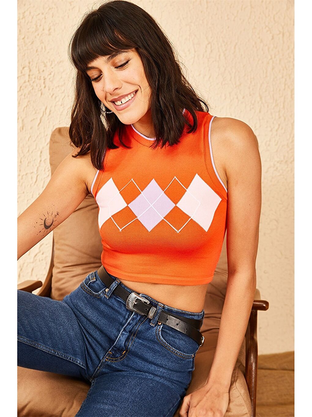 Turuncu Bisiklet Yaka Desenli Crop Triko Kadın Bluz-2