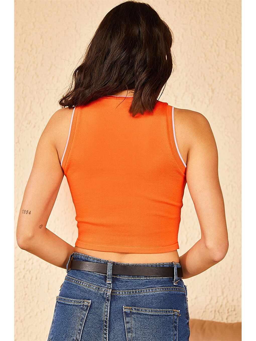 Turuncu Bisiklet Yaka Desenli Crop Triko Kadın Bluz-3