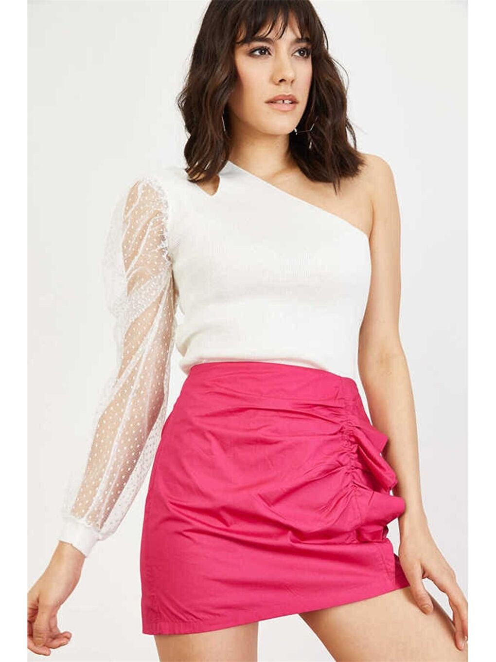 Beyaz Tek Omuz Düz Tül Detaylı Kadın Triko Bluz-1