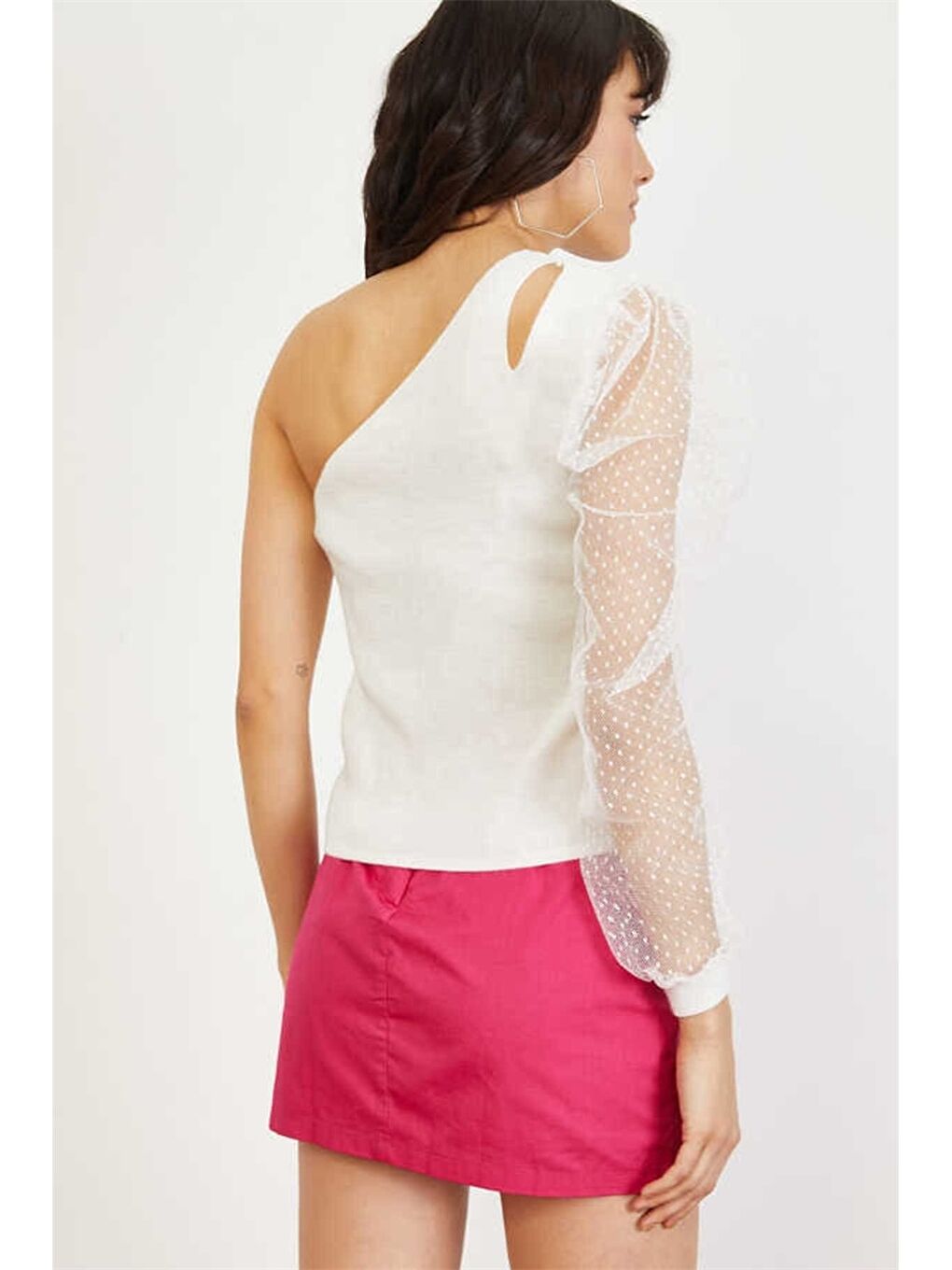 Beyaz Tek Omuz Düz Tül Detaylı Kadın Triko Bluz-2