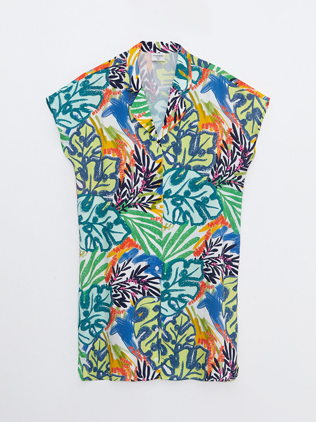 Karışık Gömlek Yaka Desenli Kısa Kollu Viskon Kadın Plaj Elbisesi-5