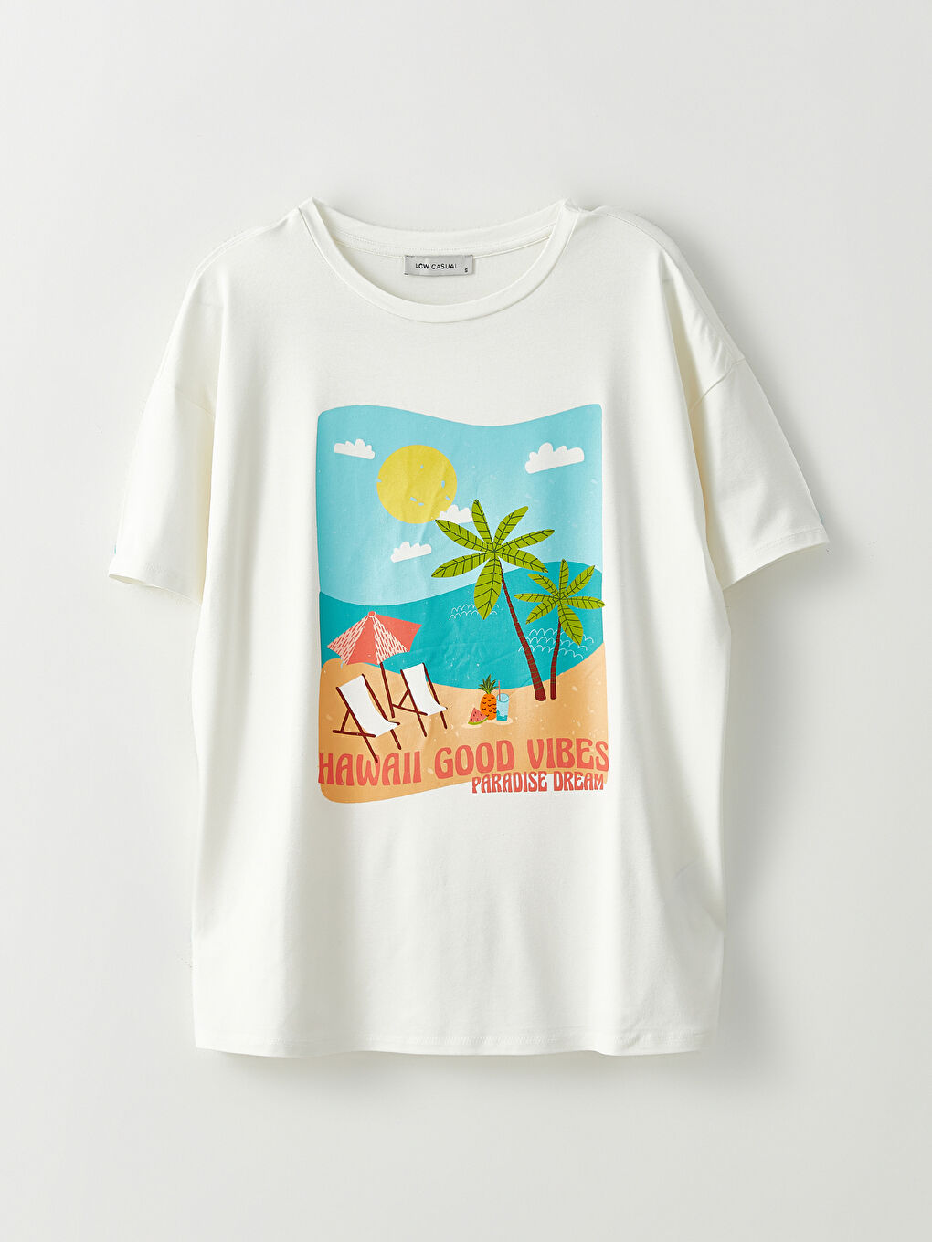 Ekru Bisiklet Yaka Baskılı Kısa Kollu Kadın Tişört-5