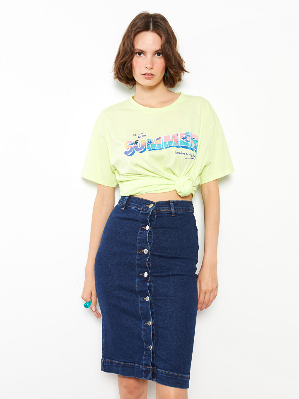 Yeşil Bisiklet Yaka Baskılı Kısa Kollu Pamuklu Kadın Tişört-2