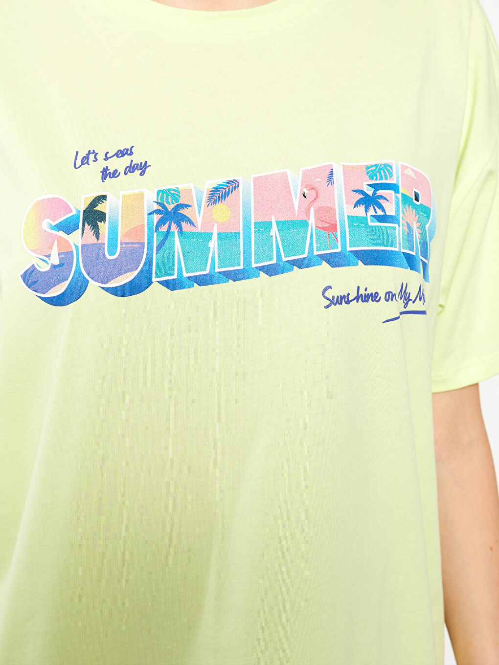 Yeşil Bisiklet Yaka Baskılı Kısa Kollu Pamuklu Kadın Tişört-3