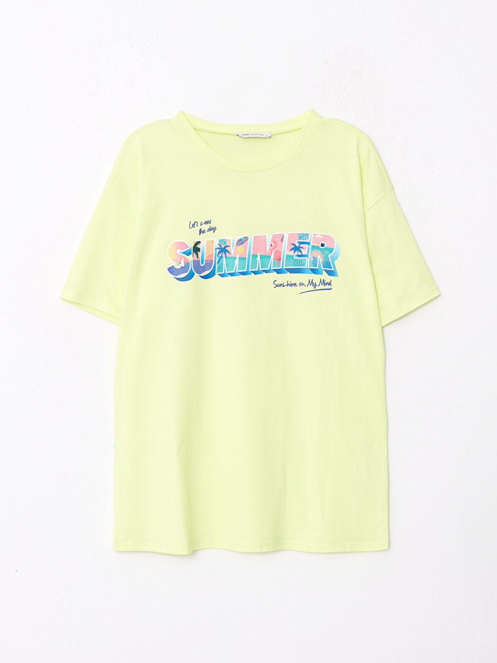 Yeşil Bisiklet Yaka Baskılı Kısa Kollu Pamuklu Kadın Tişört-5