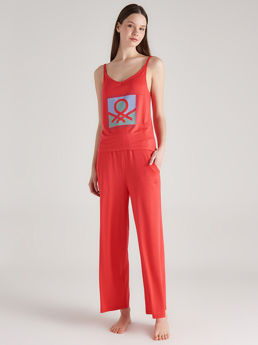 Pembe U Yaka Baskılı Askılı Kadın Pijama Takım-1