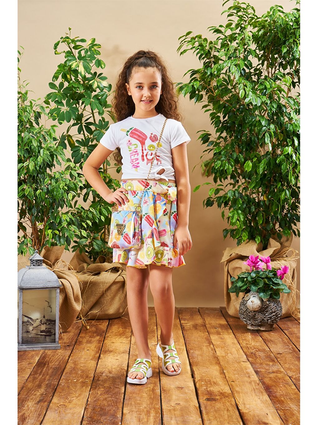 Pembe Chaton D'or Bisiklet Yaka Kız Çocuk Tişört ve Etek 2'li