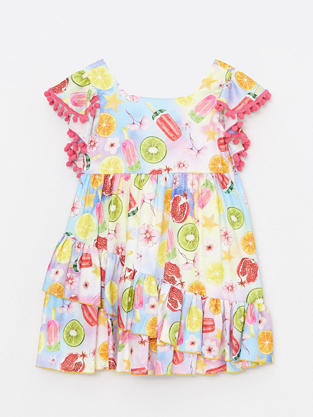 Pembe Kare Yaka Desenli Kısa Kollu Kız Çocuk Elbise