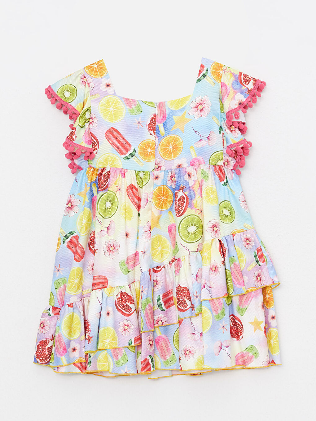 Pembe Kare Yaka Desenli Kısa Kollu Kız Çocuk Elbise-1