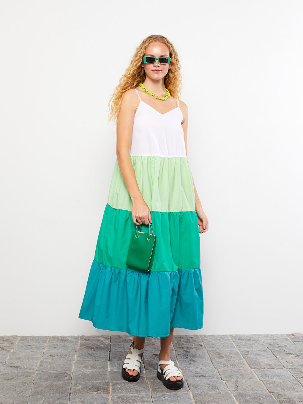 Karışık Kalp Yaka Renk Bloklu Askılı Kadın Elbise-2