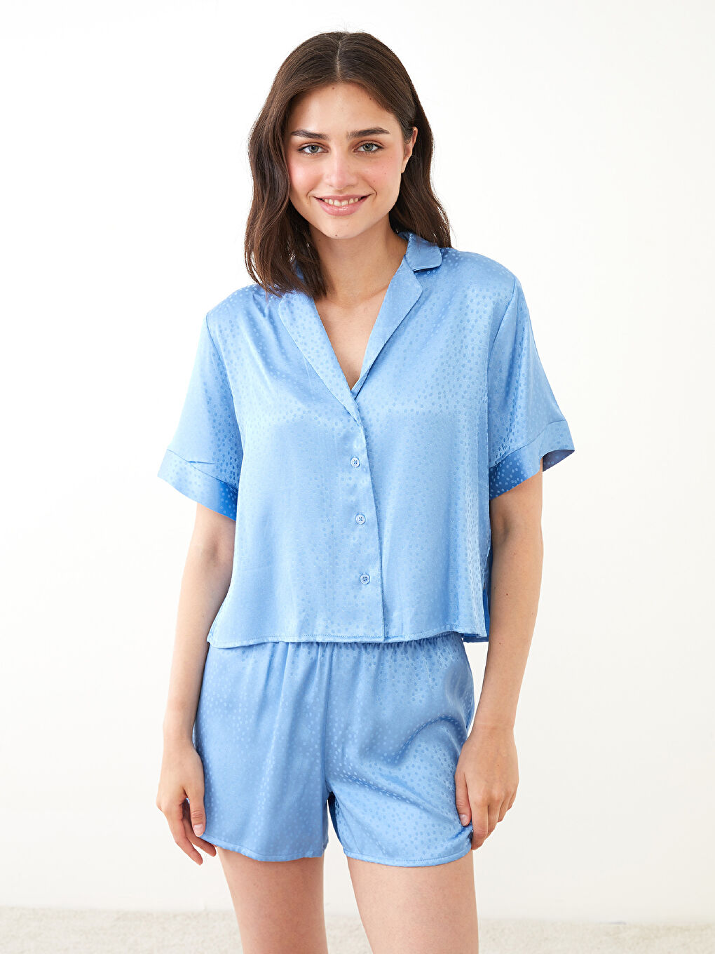 Mavi Gömlek Yaka Desenli Kısa Kollu Kadın Pijama Takım