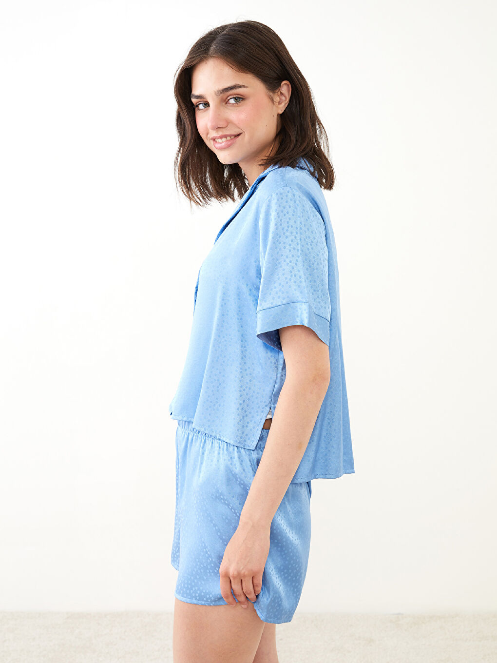 Mavi Gömlek Yaka Desenli Kısa Kollu Kadın Pijama Takım-1