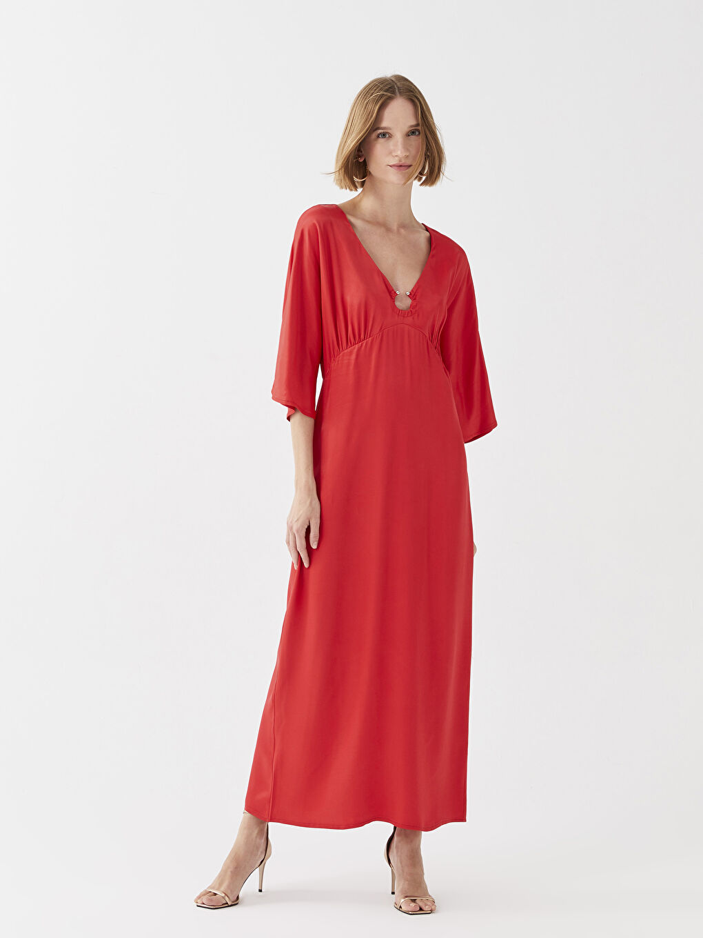 Kırmızı V Yaka Düz Viskon Kadın Elbise