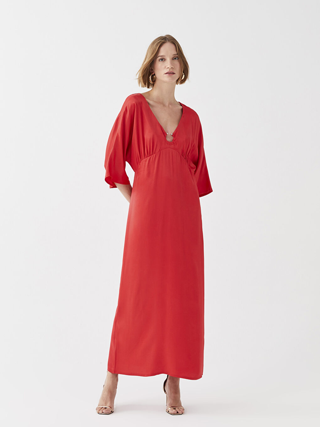 Kırmızı V Yaka Düz Viskon Kadın Elbise-1