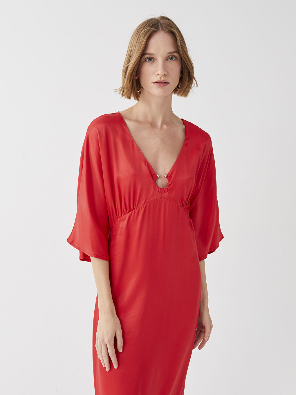 Kırmızı V Yaka Düz Viskon Kadın Elbise-2