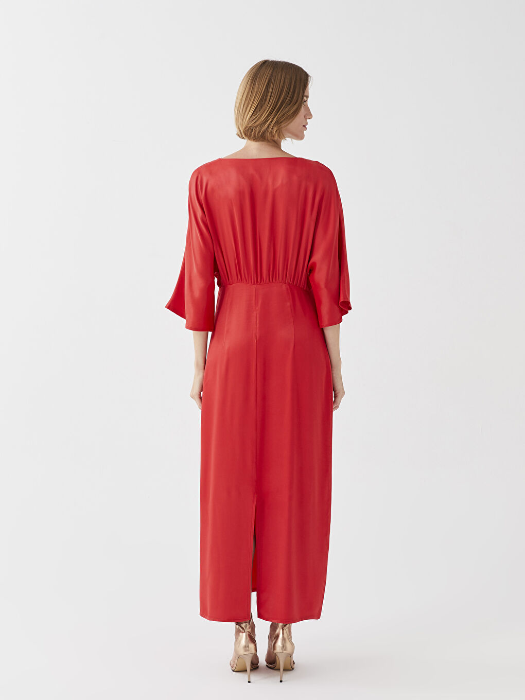 Kırmızı V Yaka Düz Viskon Kadın Elbise-5