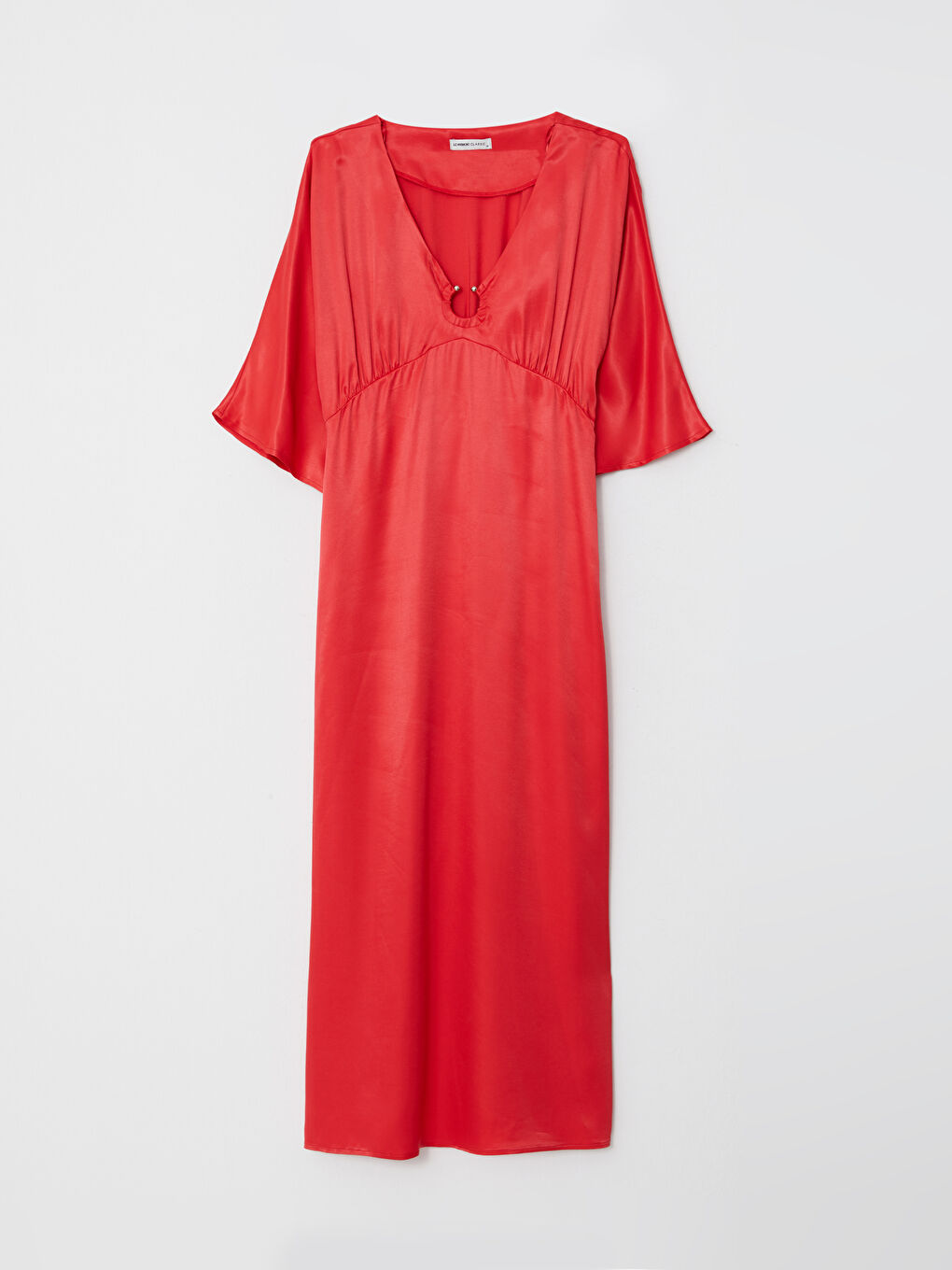 Kırmızı V Yaka Düz Viskon Kadın Elbise-6