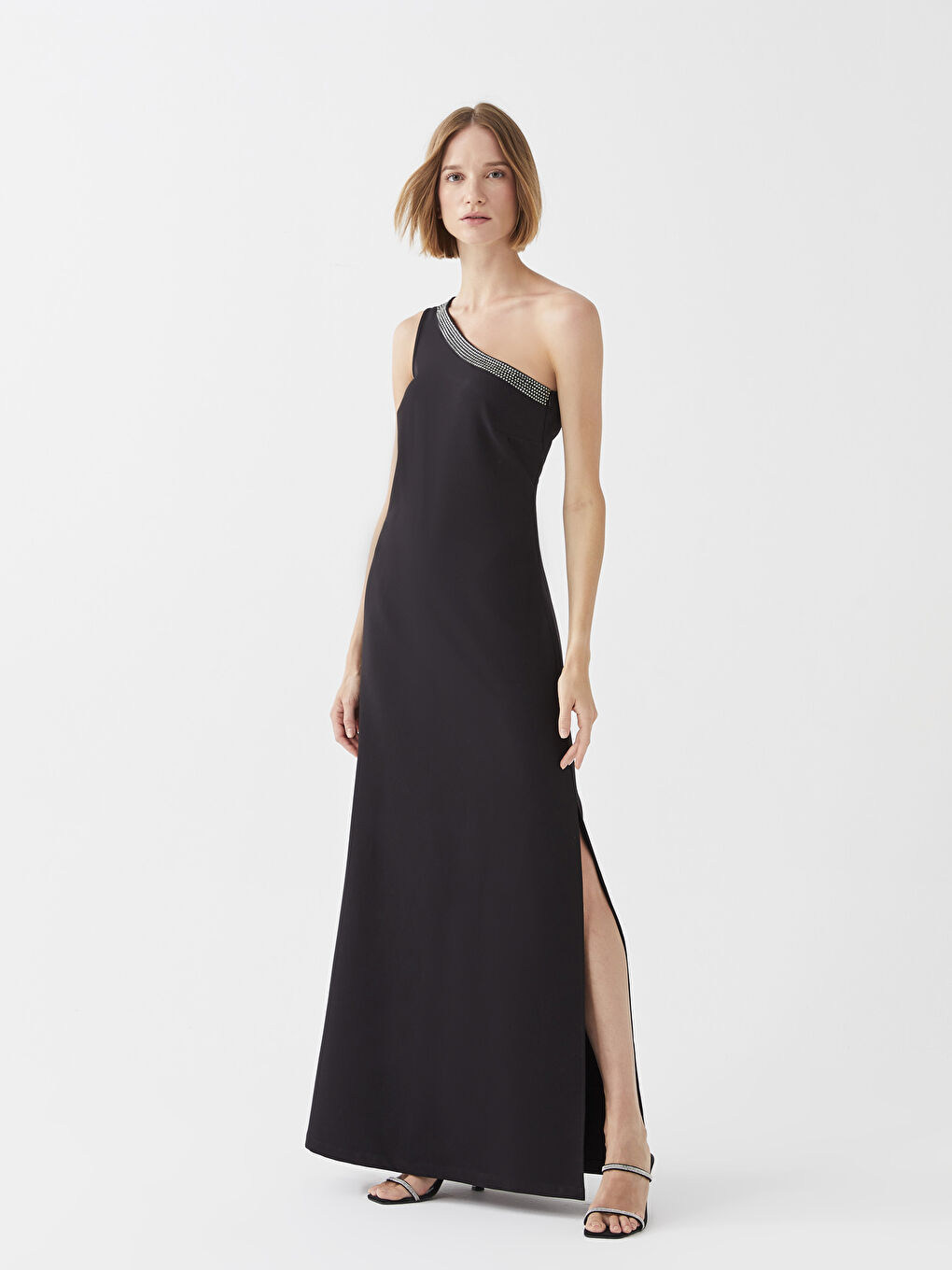 Siyah Tek Omuz Taş İşlemeli Kadın Abiye Elbise