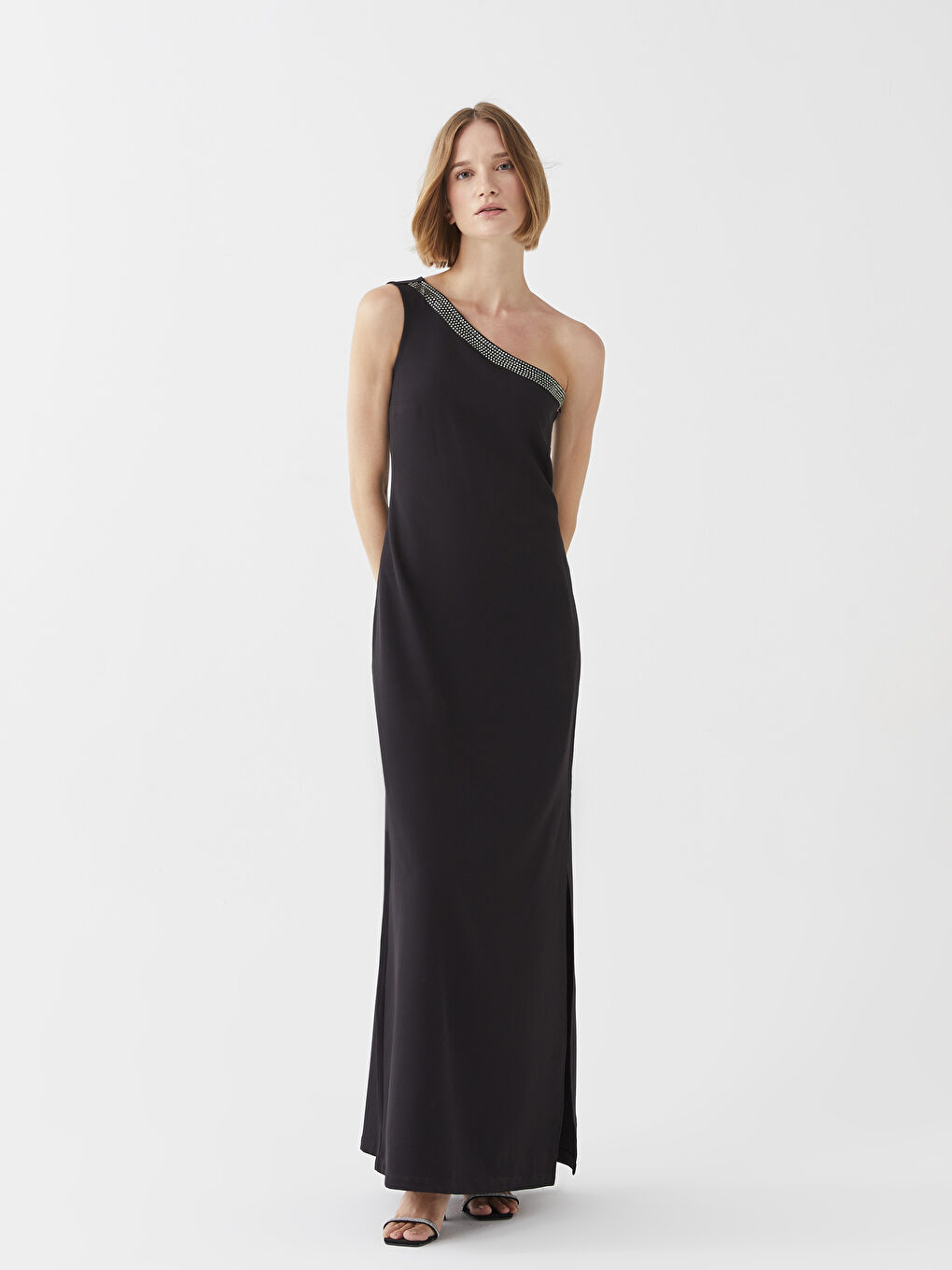 Siyah Tek Omuz Taş İşlemeli Kadın Abiye Elbise-2