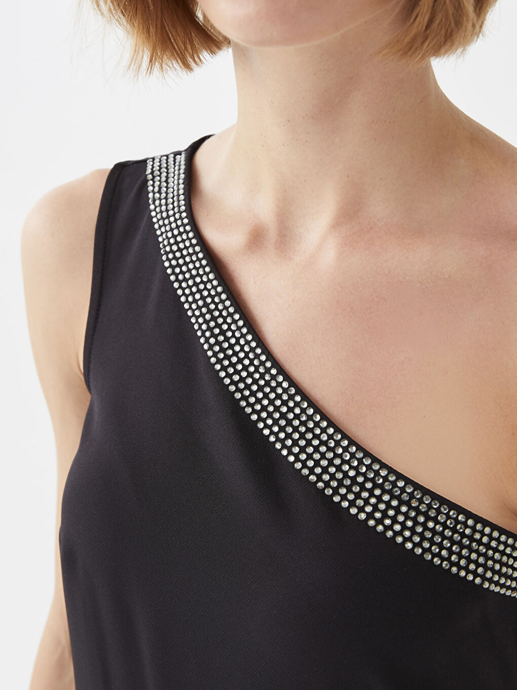 Siyah Tek Omuz Taş İşlemeli Kadın Abiye Elbise-8