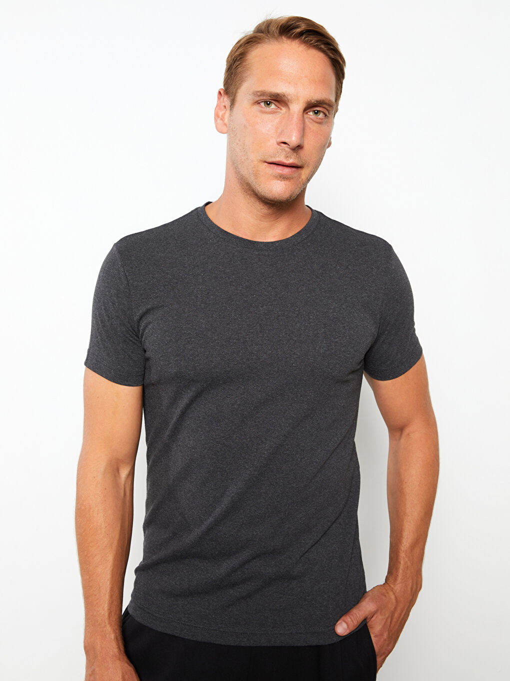 Antrasit Bisiklet Yaka Penye Erkek Tişört-2