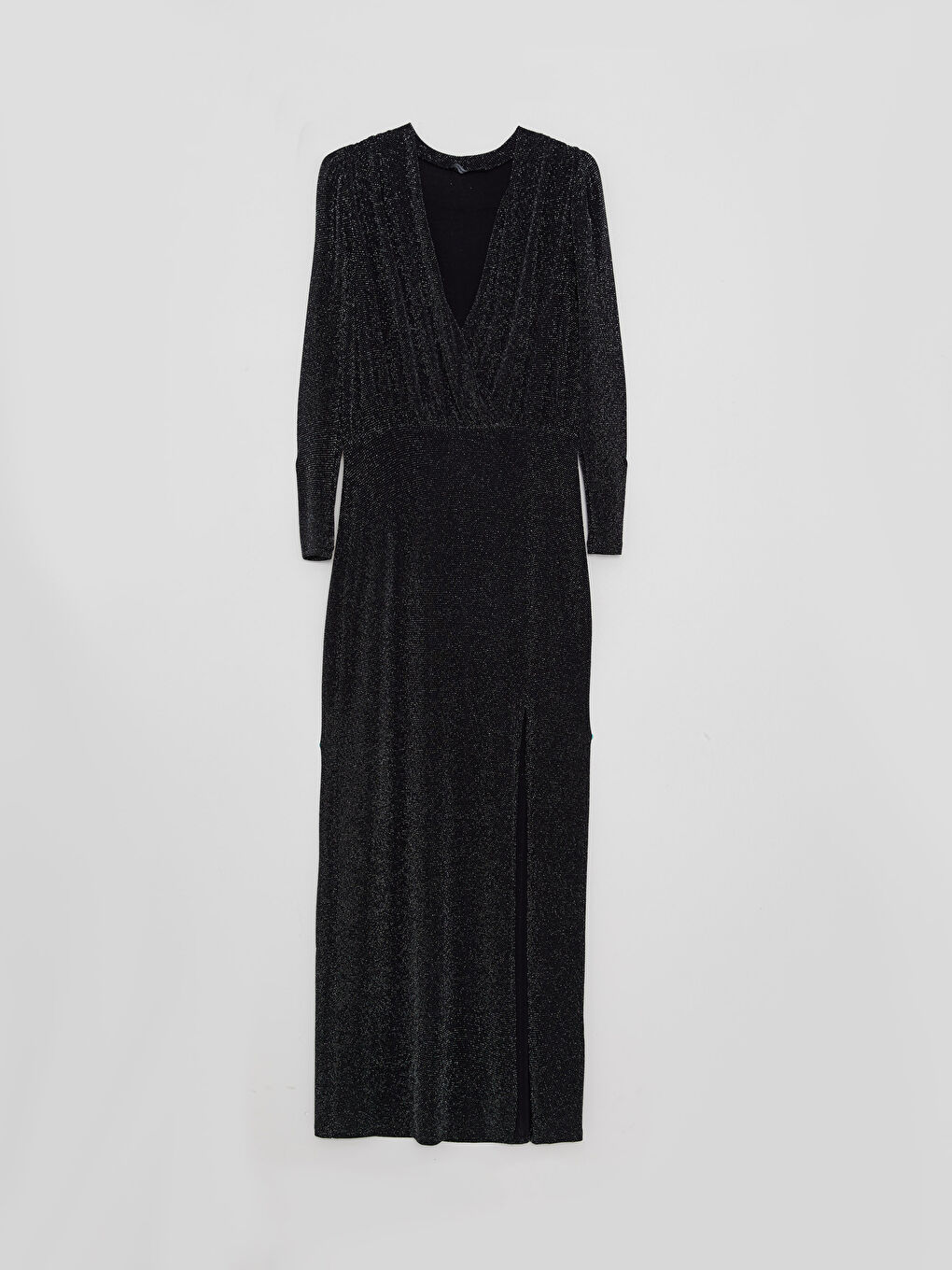 Siyah V Yaka Düz Uzun Kollu Kadın Abiye Elbise-6