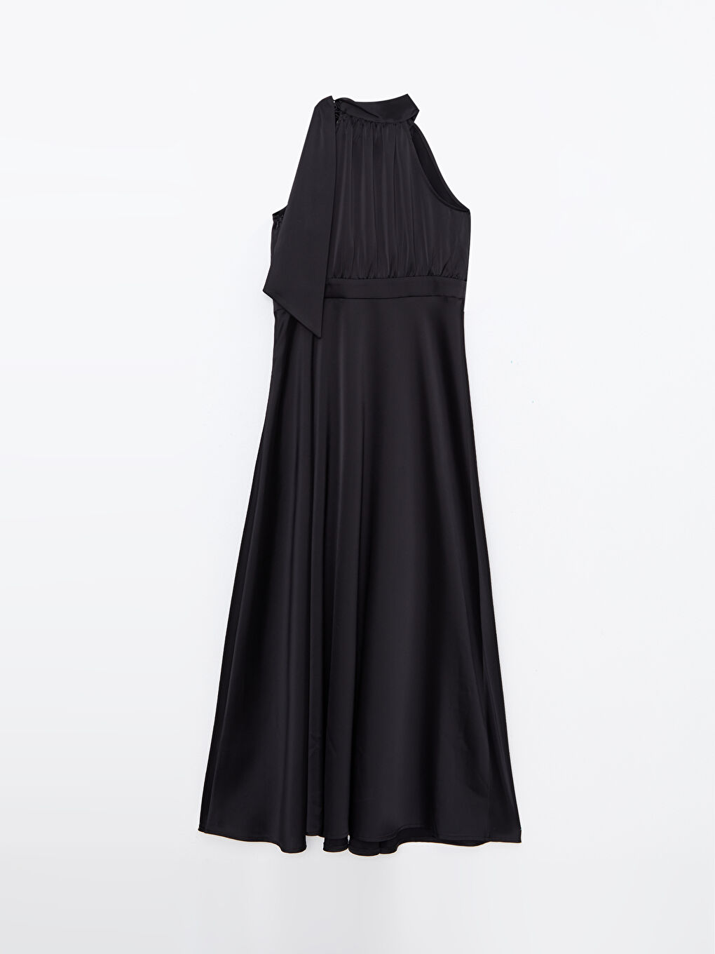 Siyah Bağlamalı Yaka Düz Kolsuz Saten Kadın Abiye Elbise-7