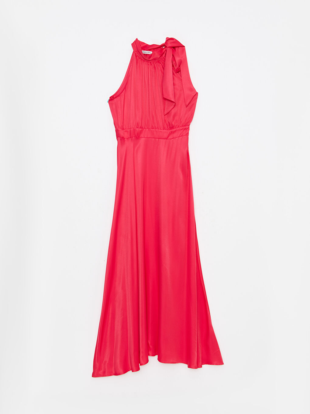 Pembe Bağlamalı Yaka Düz Kolsuz Saten Kadın Abiye Elbise-7