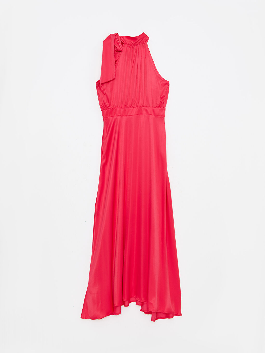 Pembe Bağlamalı Yaka Düz Kolsuz Saten Kadın Abiye Elbise-8