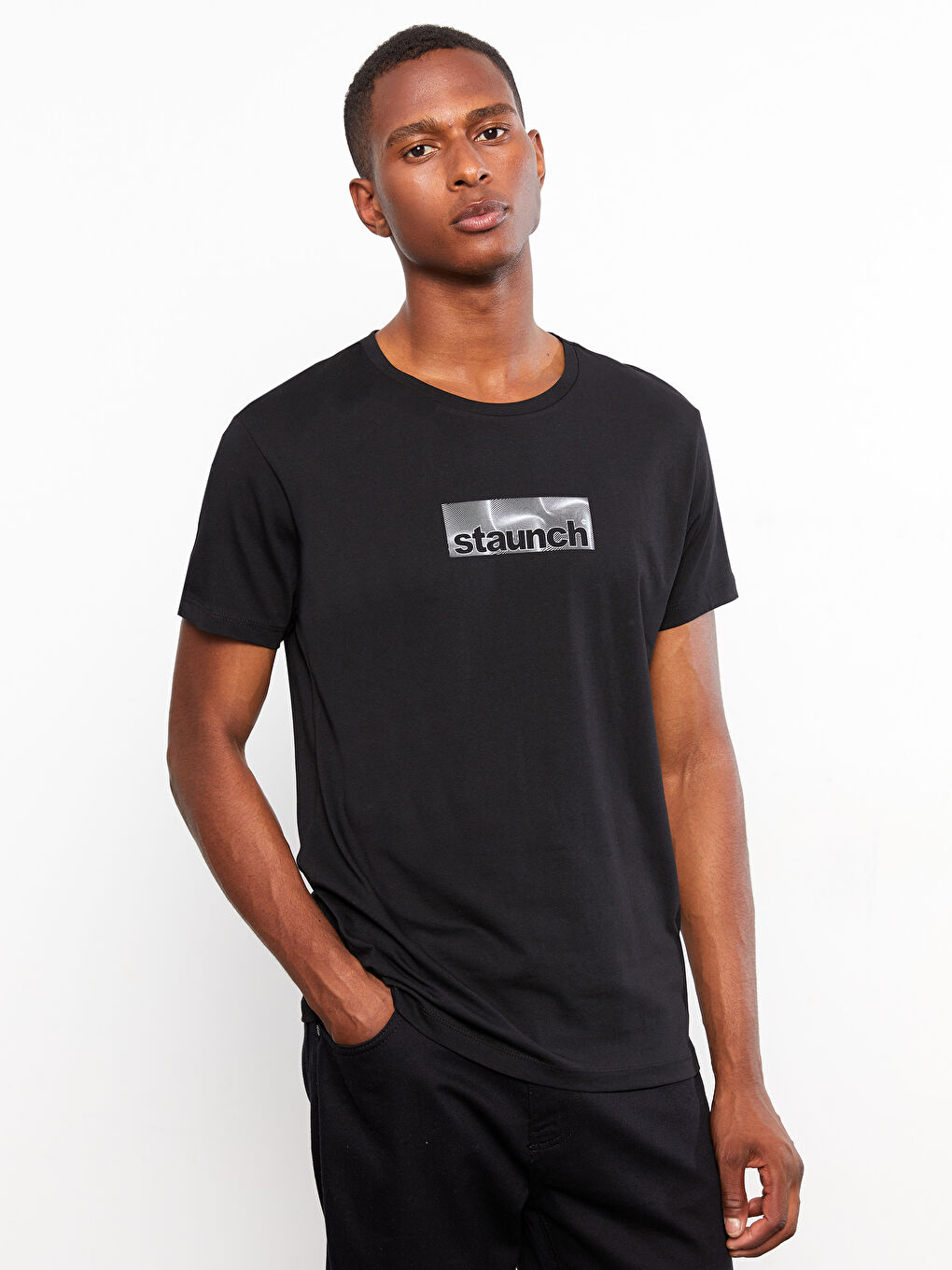 Siyah Bisiklet Yaka Kısa Kollu Baskılı Penye Erkek Tişört