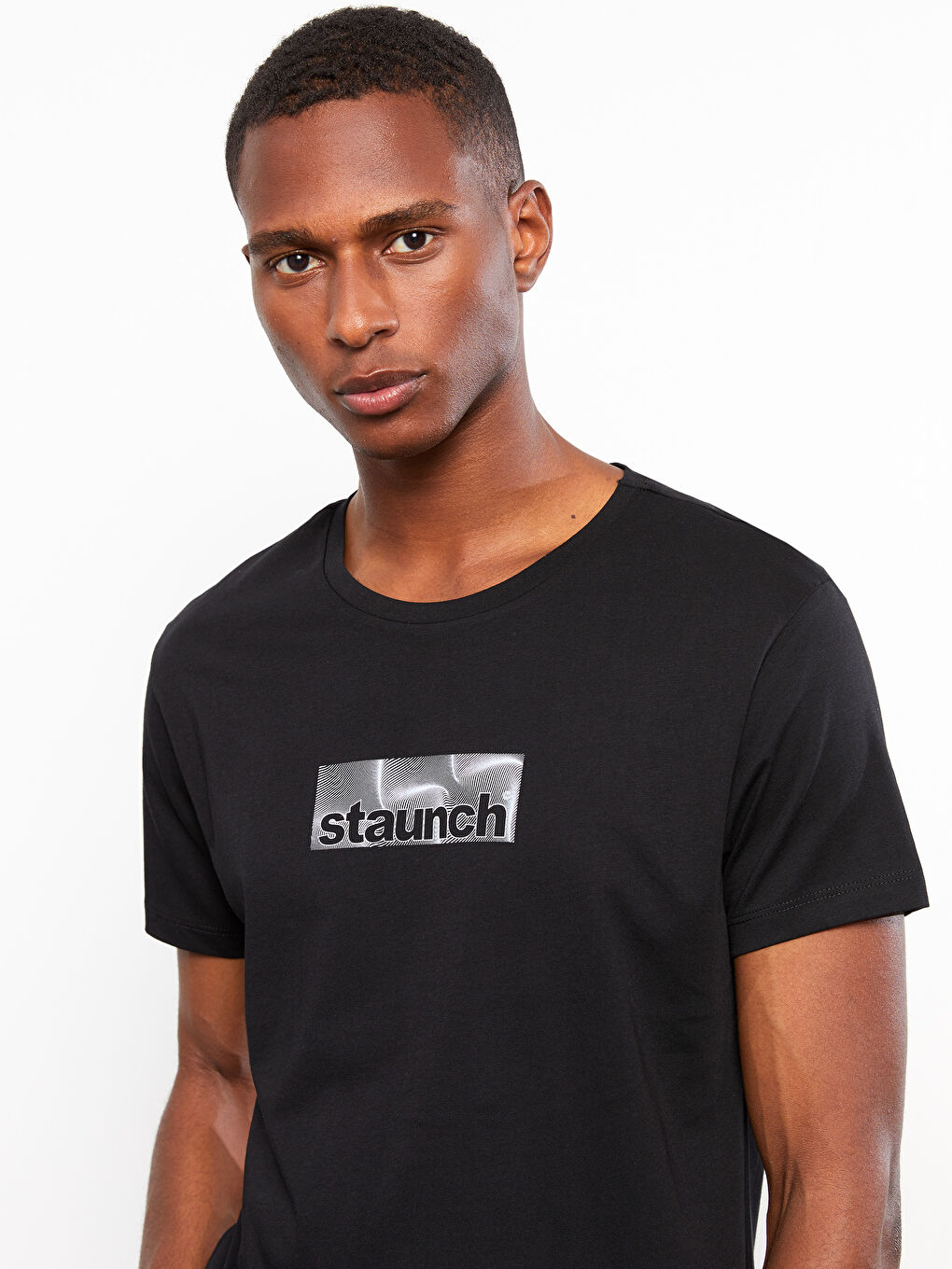 Siyah Bisiklet Yaka Kısa Kollu Baskılı Penye Erkek Tişört-1