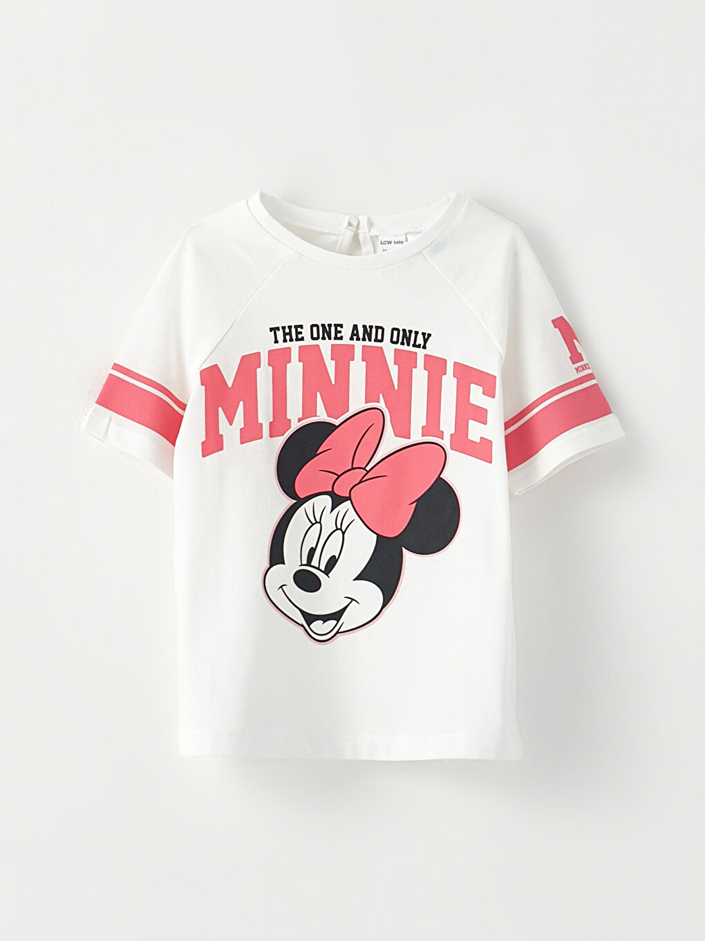 Ekru Bisiklet Yaka Kısa Kol Minnie Mouse Baskılı Pamuklu Kız Bebek Tişört