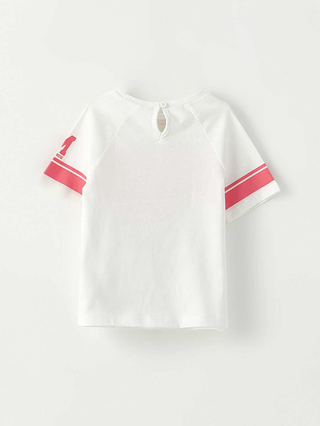 Ekru Bisiklet Yaka Kısa Kol Minnie Mouse Baskılı Pamuklu Kız Bebek Tişört-1