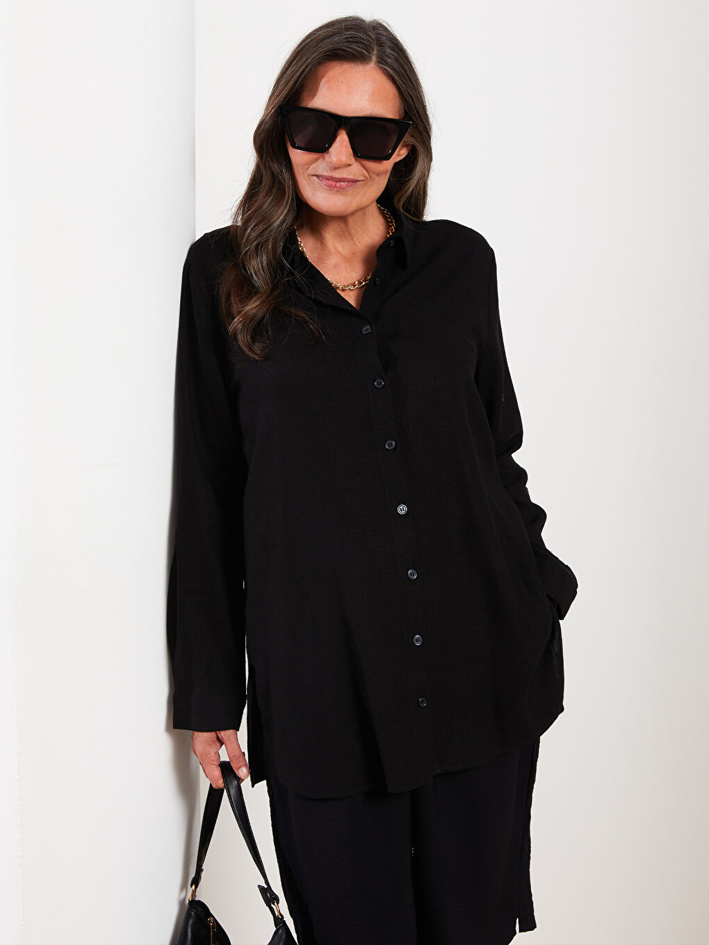 Siyah Düz Uzun Kollu Kadın Gömlek Tunik