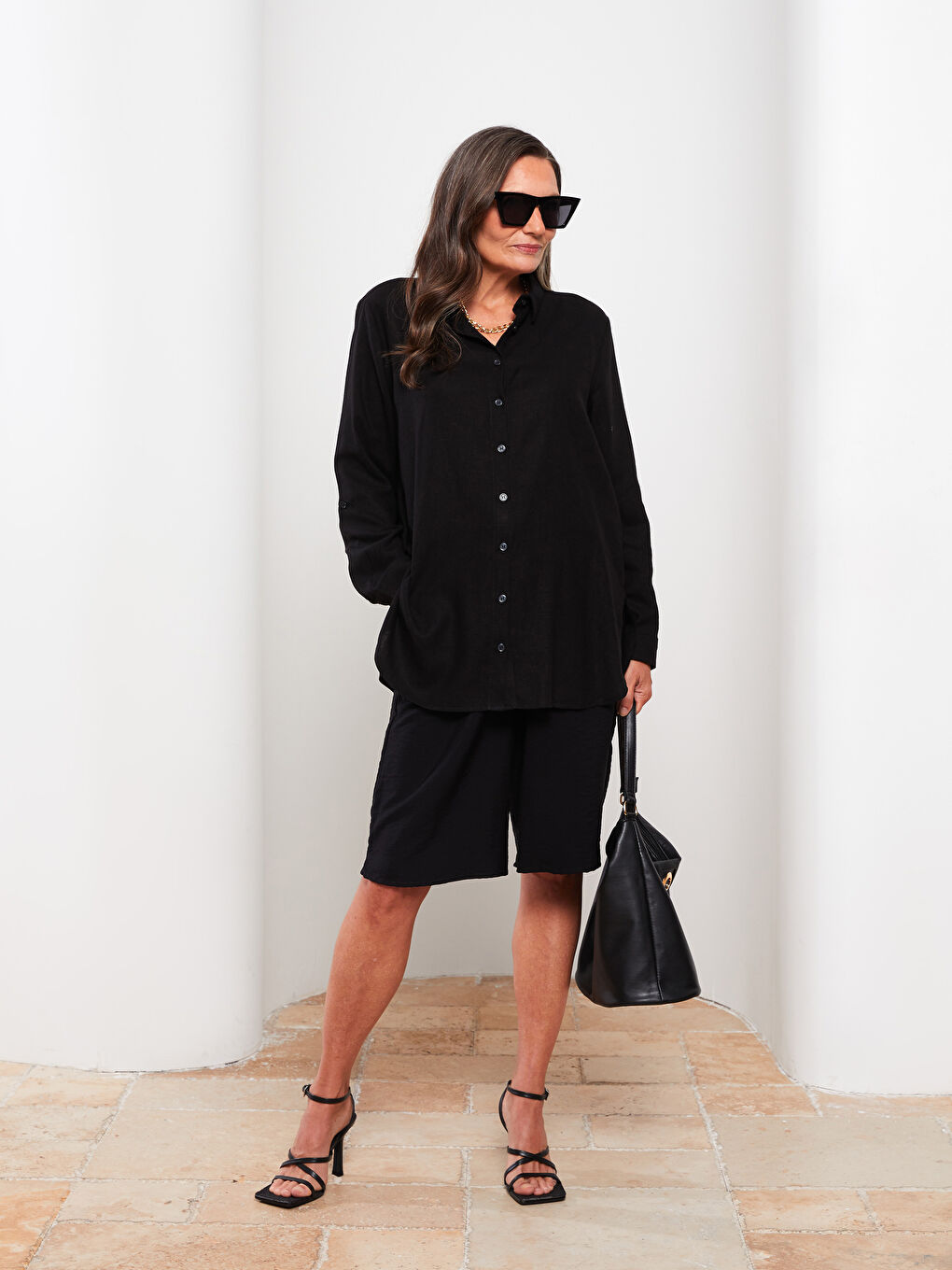 Siyah Düz Uzun Kollu Kadın Gömlek Tunik-2