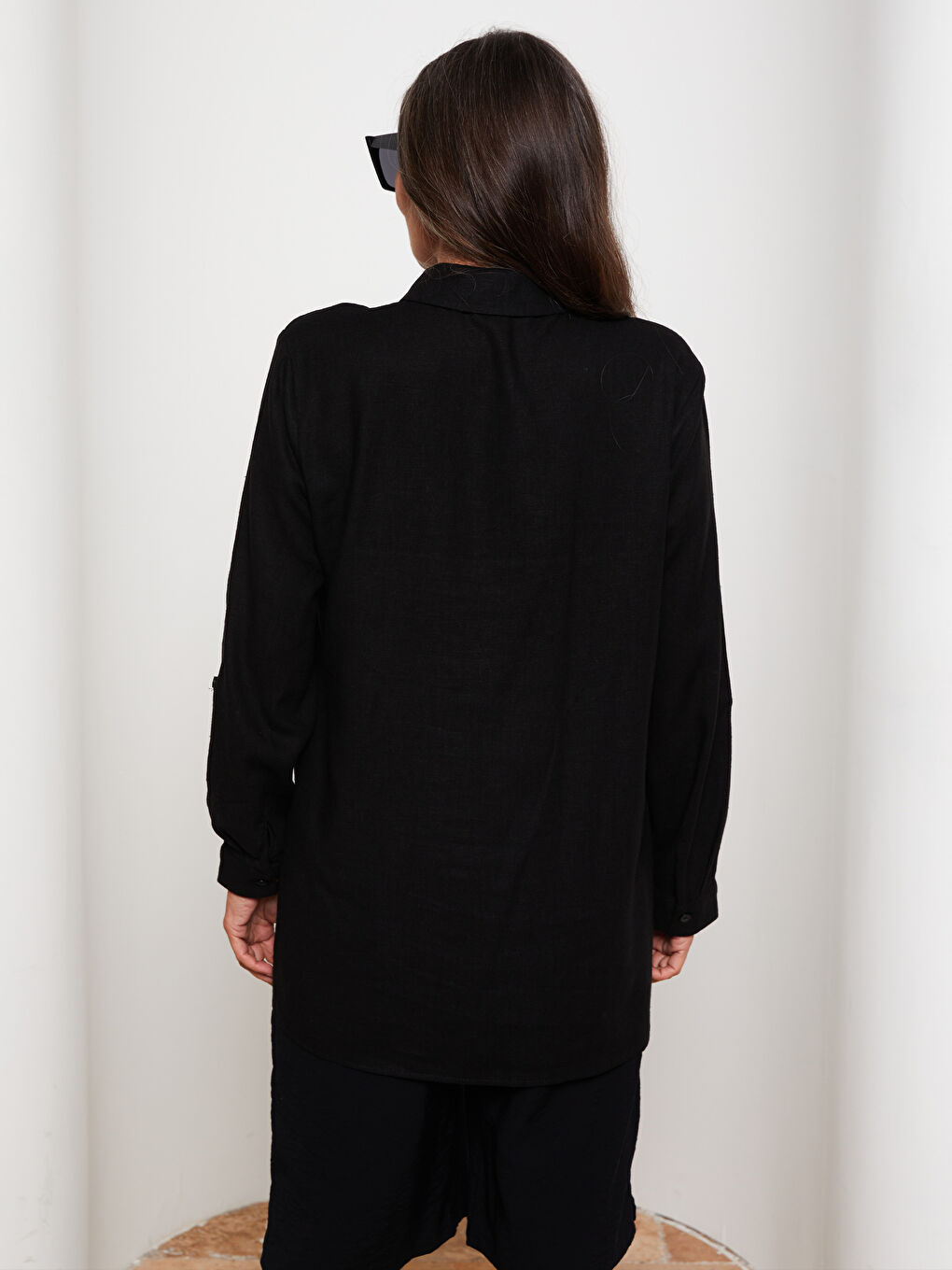 Siyah Düz Uzun Kollu Kadın Gömlek Tunik-4
