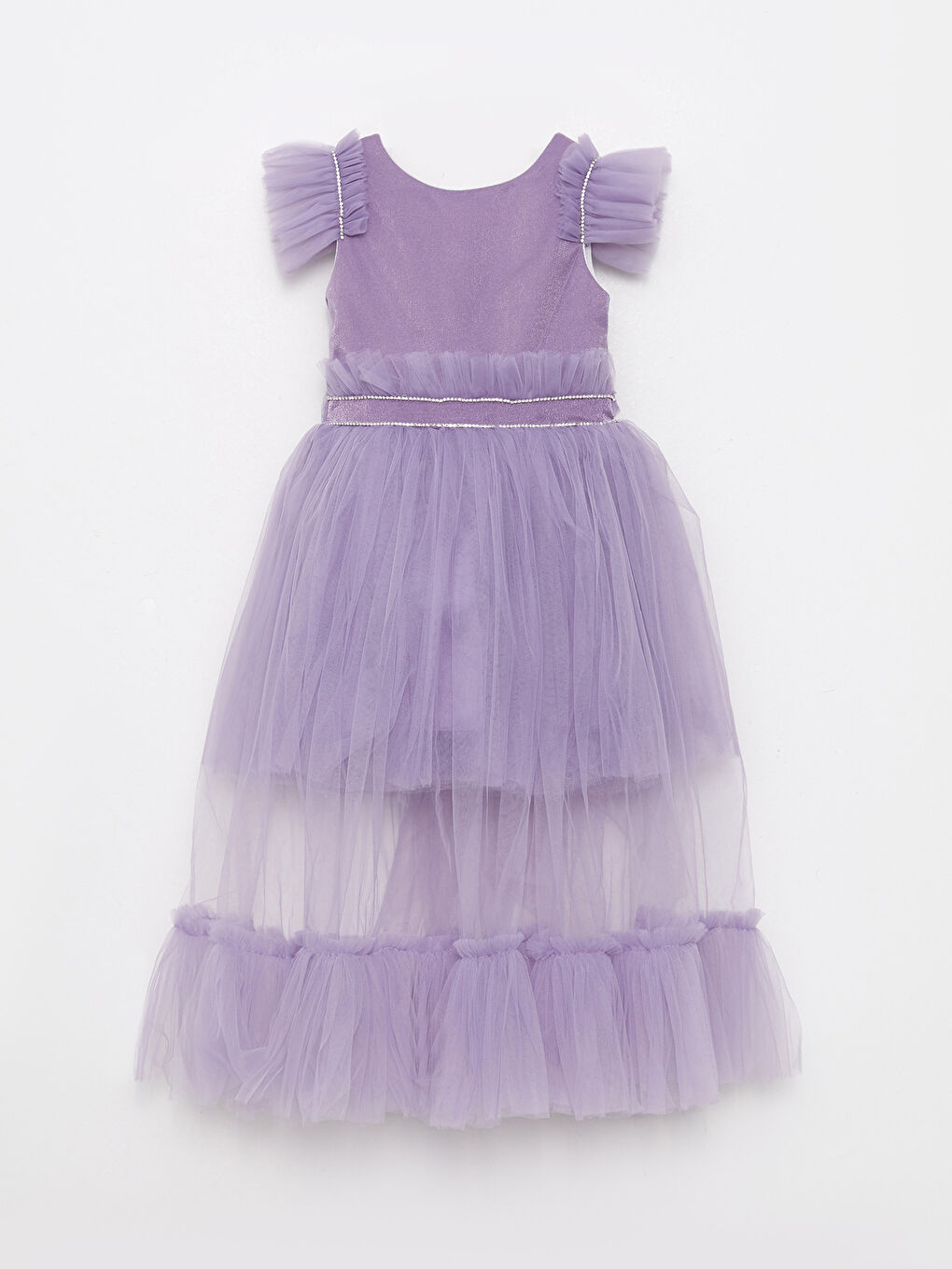 Mor Bisiklet Yaka Tül Detaylı Kız Çocuk Abiye Elbise-3