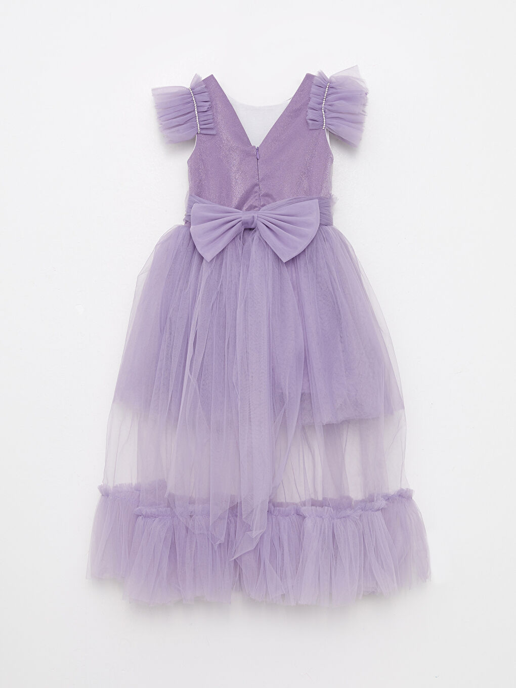 Mor Bisiklet Yaka Tül Detaylı Kız Çocuk Abiye Elbise-4