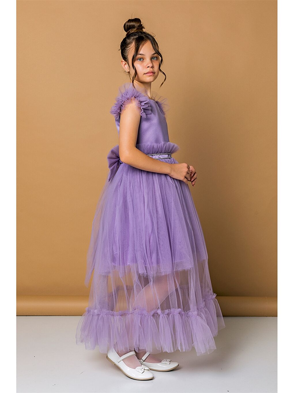 Mor Bisiklet Yaka Tül Detaylı Kız Çocuk Abiye Elbise-1