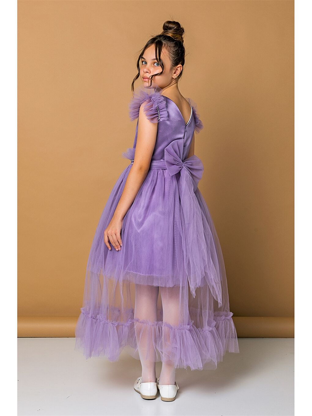 Mor Bisiklet Yaka Tül Detaylı Kız Çocuk Abiye Elbise-2