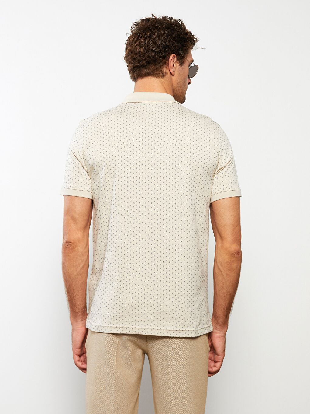 Bej Polo Yaka Kısa Kollu Desenli Erkek Tişört-3