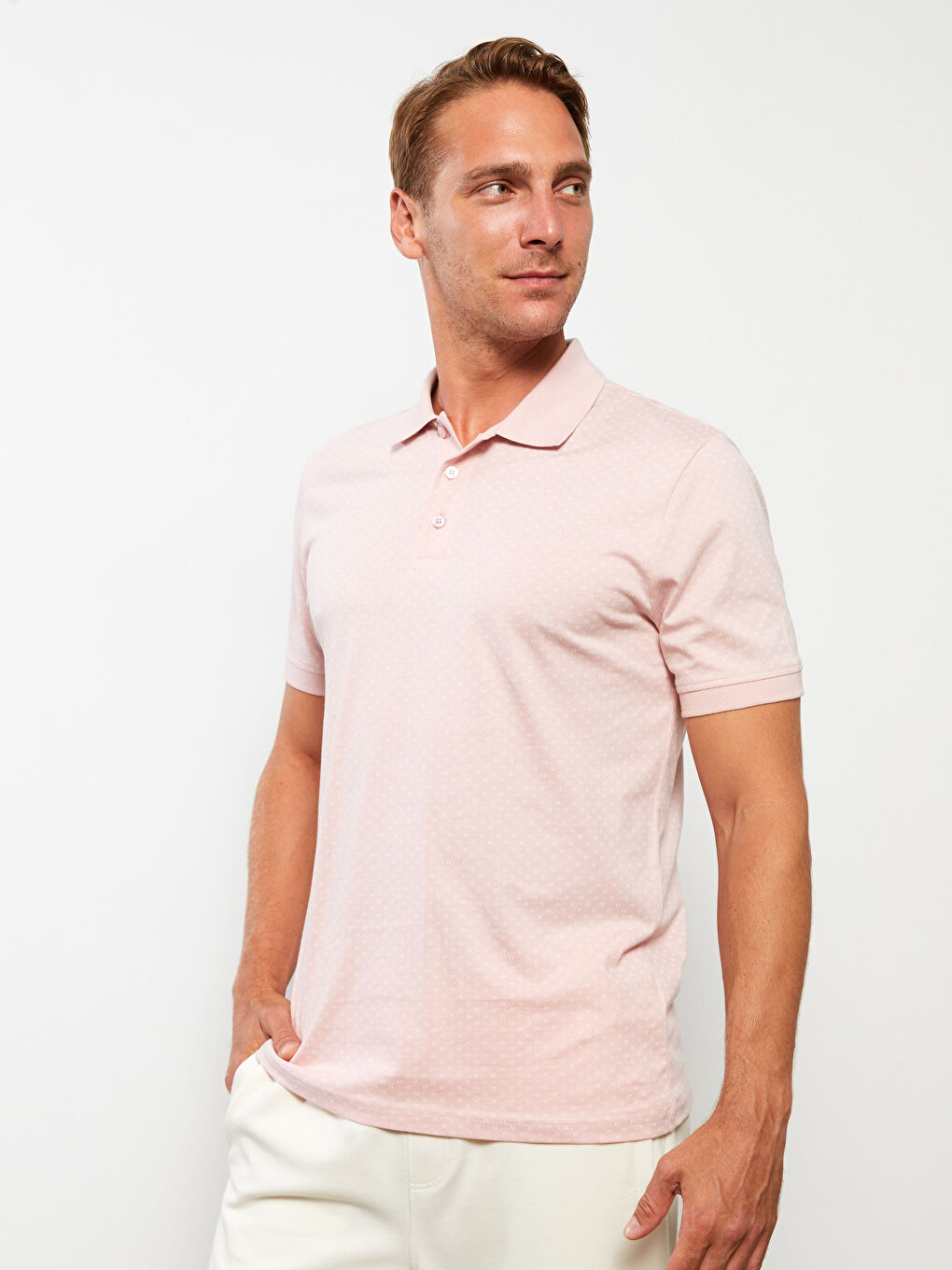 Pembe Polo Yaka Kısa Kollu Desenli Erkek Tişört