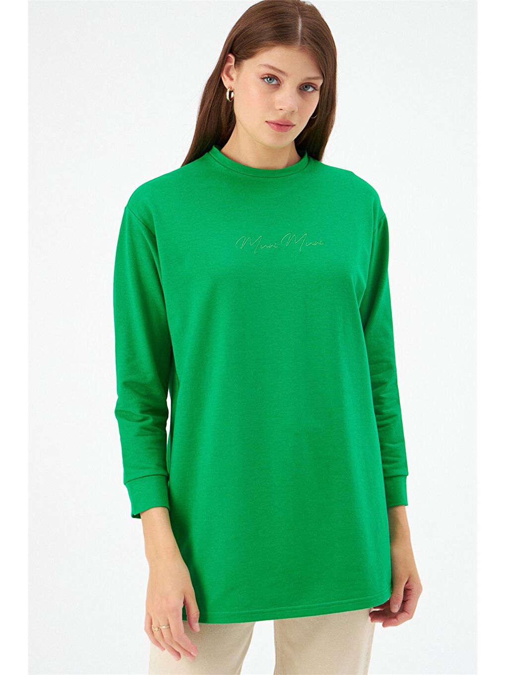 Yeşil Bisiklet Yaka Nakışlı Uzun Kollu Kadın Tunik