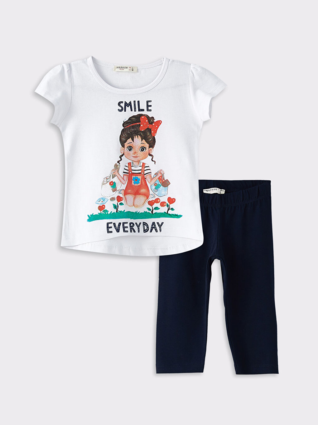 Beyaz Bisiklet Yaka Baskılı Kısa Kollu Kız Çocuk Tişört ve Tayt