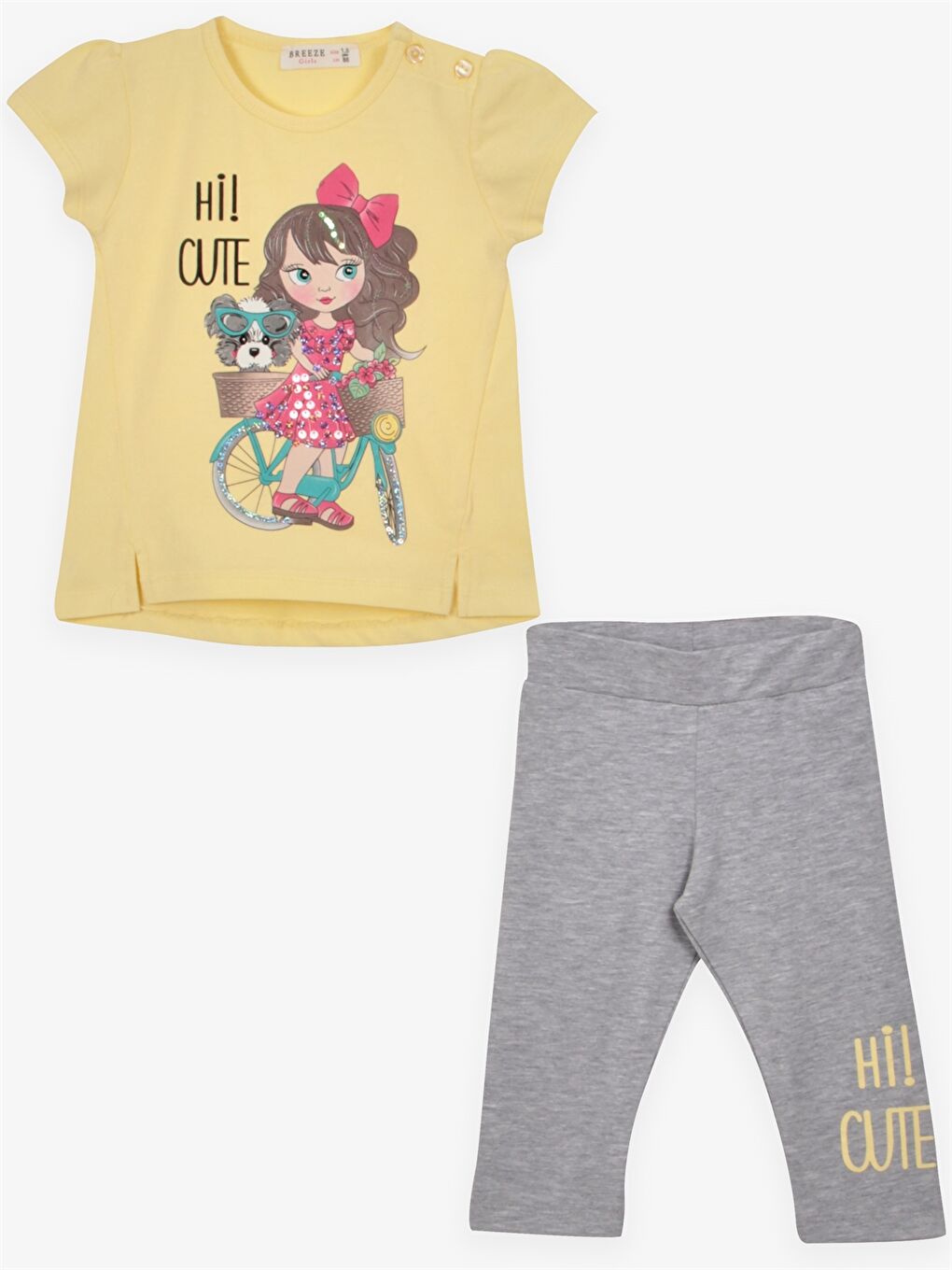 Sarı Bisiklet Yaka Baskılı Kız Bebek 2'li Takım