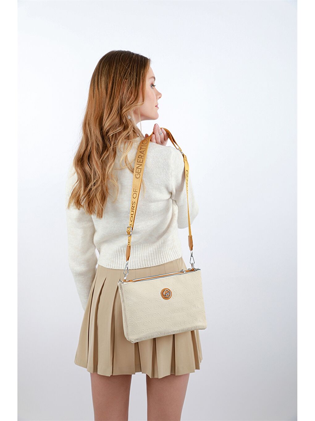 Ekru Baskılı Kadın Omuz Çantası-1